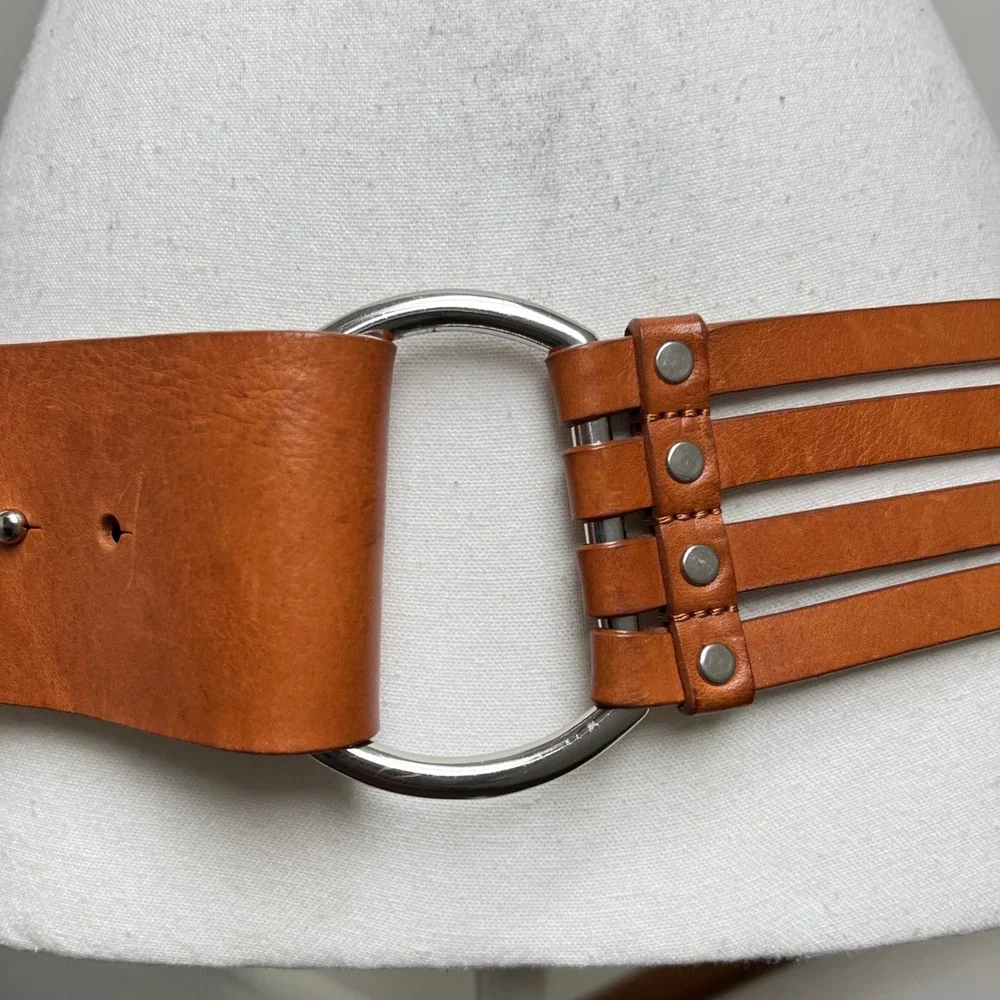 Vintage Banana Republic Cage Belt Large Brown Leather O-Ring Boho Y2K Wide Thick